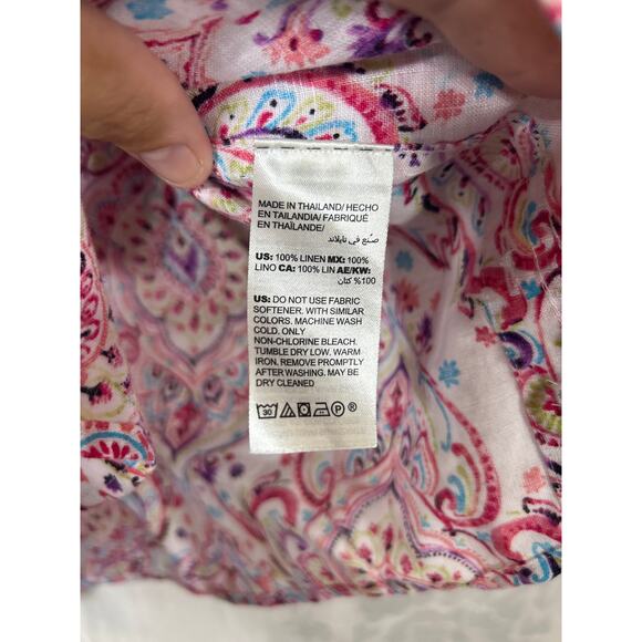 Chicos Button Up 3 XL Pink Paisley 100% Linen Long Line 3/4 Sleeve - Picture 7 of 10